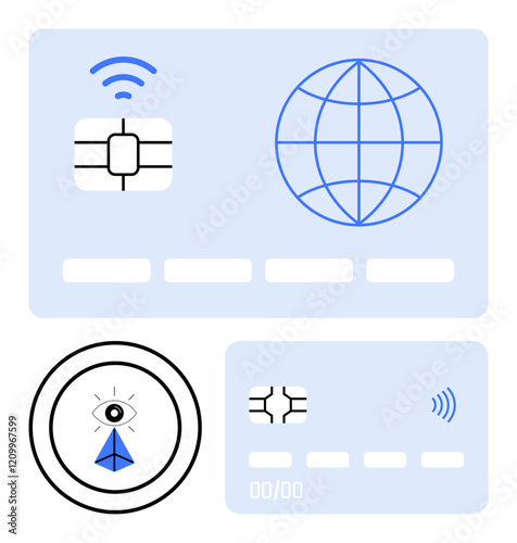 Payment card with chip, global connection icon, eye security graphic, and wireless signal. Ideal for cybersecurity, global payments, AI, networking, fintech data privacy abstract line flat metaphor