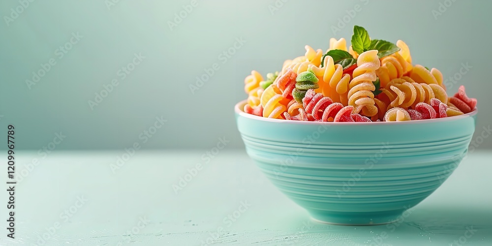 Detailed image of multicolored raw fusilli pasta in an arrangement on a light green white backdrop with plenty of room for writing or backdrop purpose, Generative AI. Detailed image of multicolored raw fusilli pasta in an arrangement on a light green white backdrop with plenty of room for writing or backdrop purpose, Generative AI.