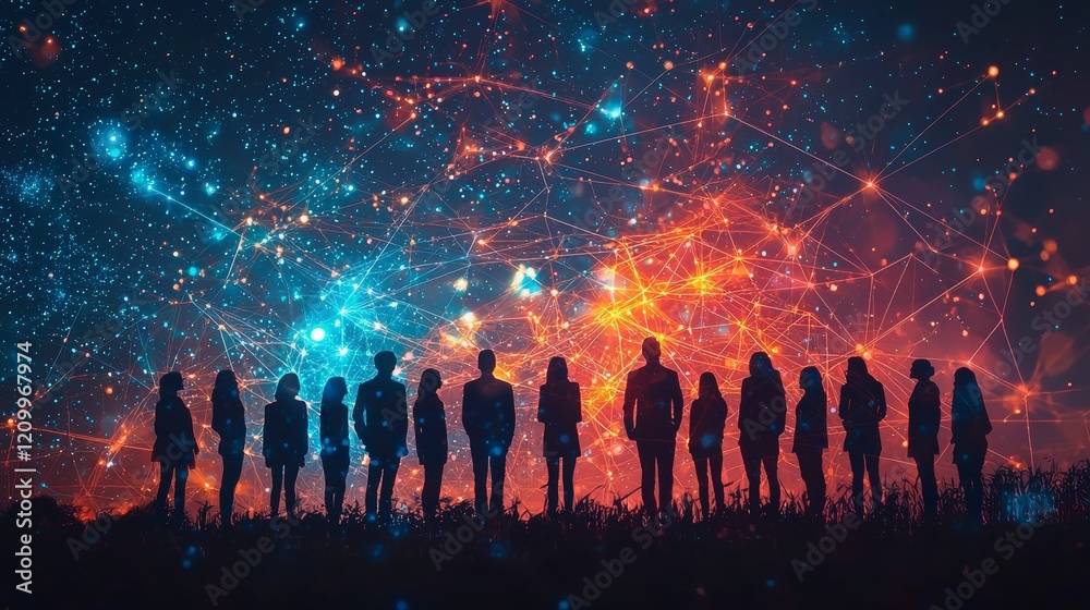 This captivating image showcases multiple silhouettes surrounded by a cosmic backdrop, symbolizing unity, diversity, and the interconnectedness of humanity in a modern world. This captivating image showcases multiple silhouettes surrounded by a cosmic backdrop, symbolizing unity, diversity, and the interconnectedness of humanity in a modern world.