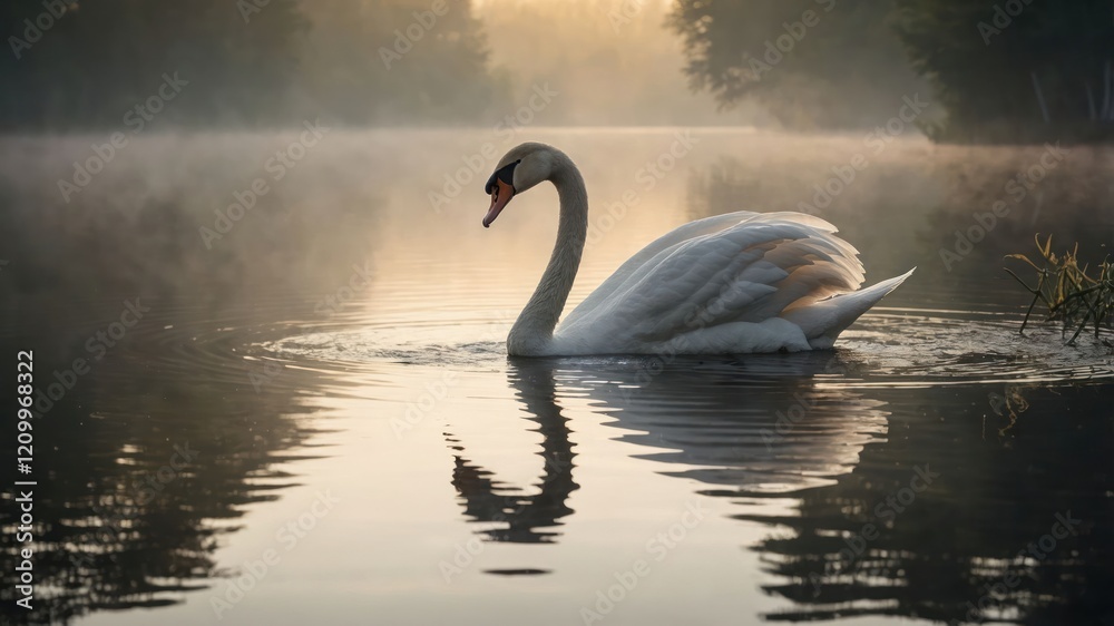 Fototapeta premium A serene swan glides across a misty lake at dawn, reflecting nature's tranquility.