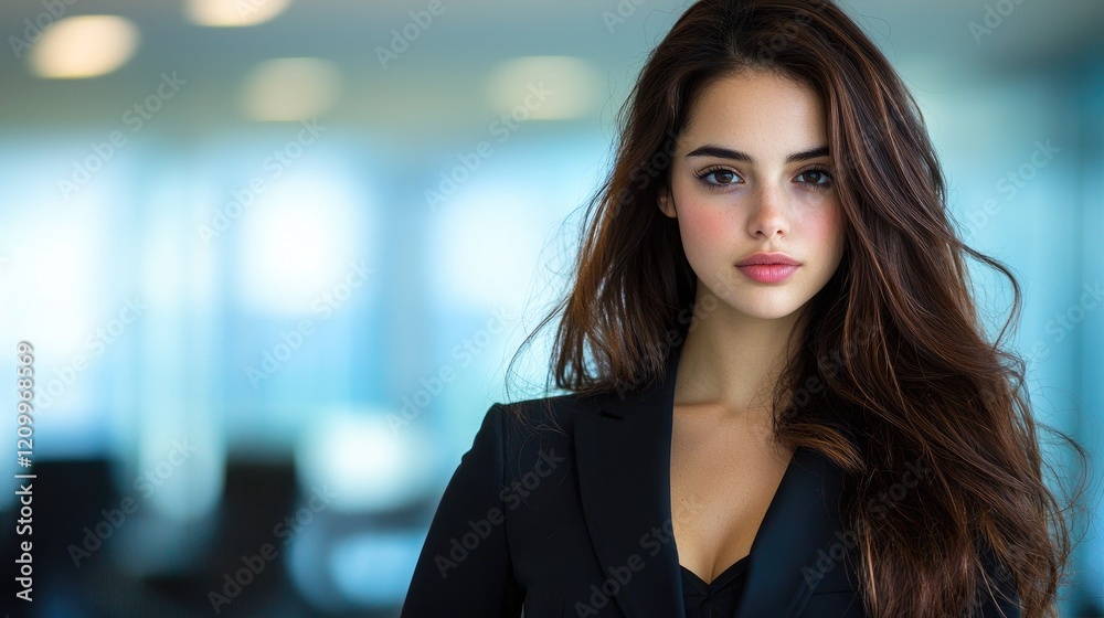Fototapeta premium Confident young businesswoman in a black blazer standing in a modern office with a blurred background.