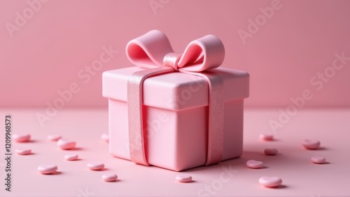 Pink Gift Box with Bow and Hearts