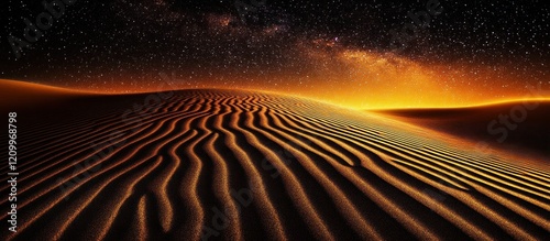 Desert sandscape at sunset, Milky Way backdrop, travel poster photo