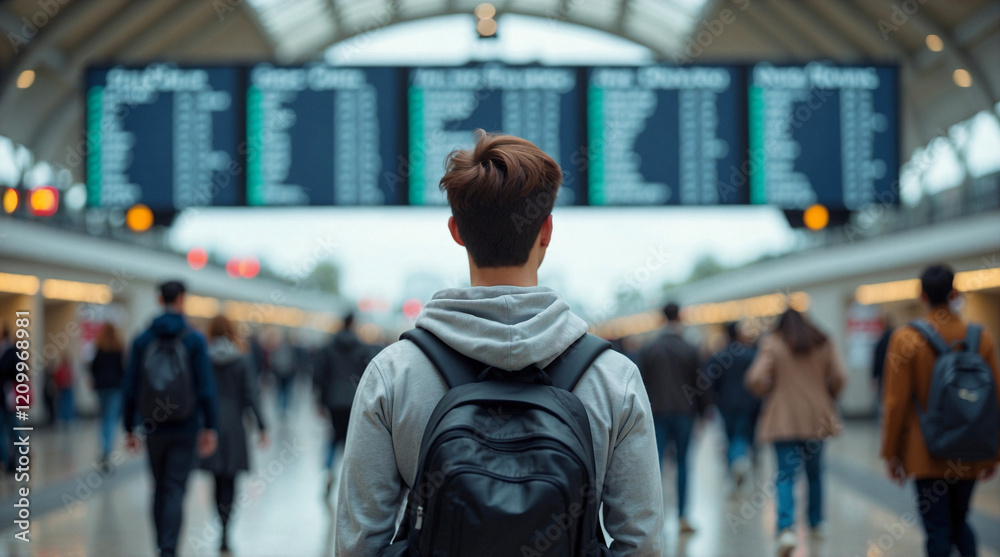 Train station atmosphere featuring digital schedules, contemporary architecture, and travelers in motion captured in dynamic detail Train station atmosphere featuring digital schedules, contemporary architecture, and travelers in motion captured in dynamic detail