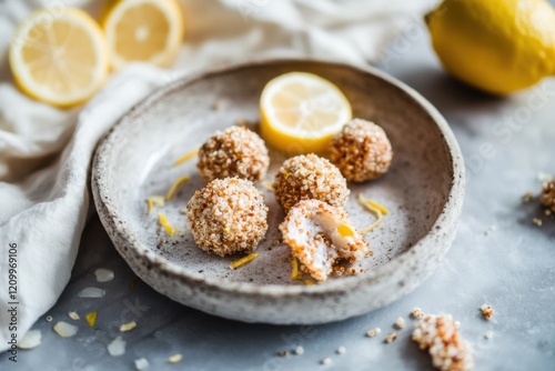 Crispy quinoa balls with lemon zest on rustic ceramic plate photo