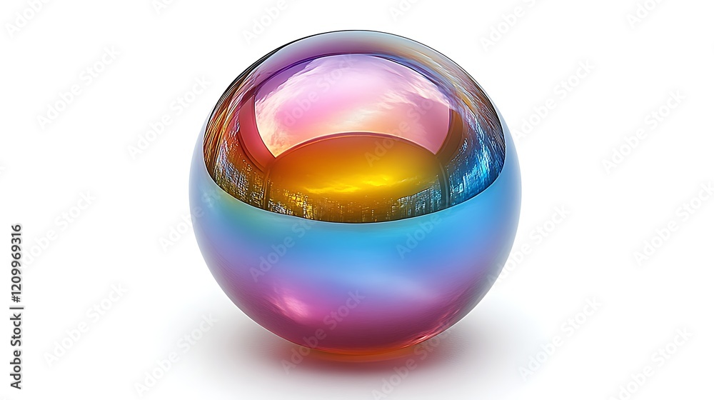 Iridescent Glass Orb: A mesmerizing iridescent glass sphere displays a vibrant spectrum of colors, from warm oranges and yellows at its core to cool blues and purples at its edges. The smooth. Iridescent Glass Orb: A mesmerizing iridescent glass sphere displays a vibrant spectrum of colors, from warm oranges and yellows at its core to cool blues and purples at its edges. The smooth.