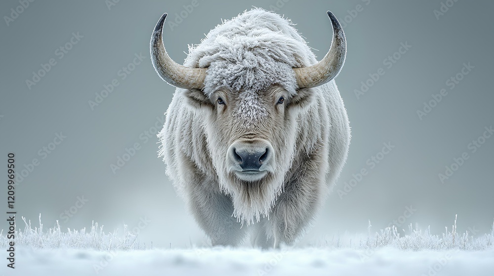 wild tusker walking forward, front view, across a snowy field