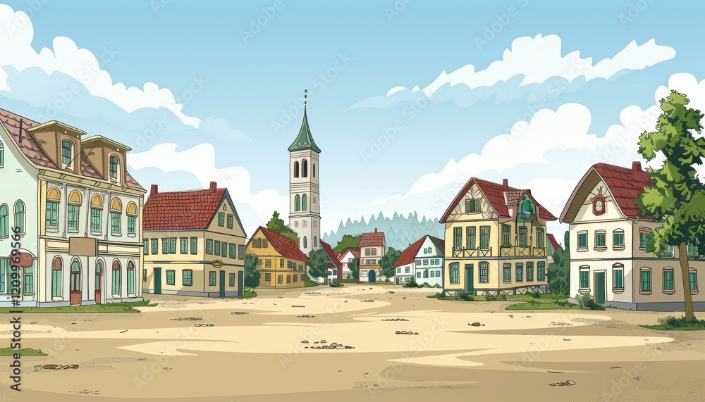 A cartoon illustration of a quaint European town square with cobblestone streets, charming houses, and a church steeple in the background, all under a bright blue sky. A cartoon illustration of a quaint European town square with cobblestone streets, charming houses, and a church steeple in the background, all under a bright blue sky.