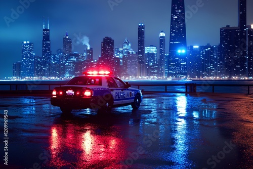 Police car flashing blue and red lights against city night skyline,  displaying authority