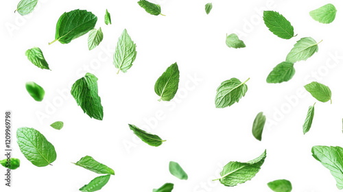 n array of green leaves scattered against a white background. creating a fresh and vibrant aesthetic this composition evokes a sense of nature and could be used for various purposes. such as in culina photo