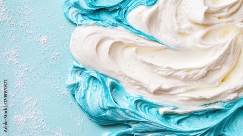 Soft blue and white frosting is artistically swirled together against a light pastel surface, showcasing a beautiful texture ideal for desserts photo