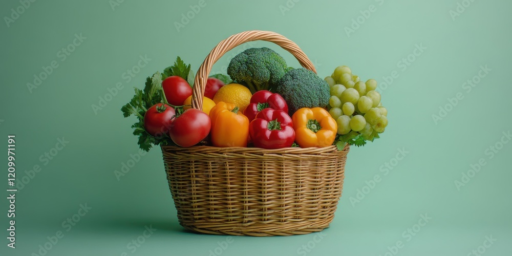 Basket full with fresh organic vegetables and fruit, on light green plain background, promotional banner for veganuary and healthy eating Basket full with fresh organic vegetables and fruit, on light green plain background, promotional banner for veganuary and healthy eating