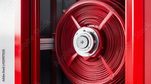 Fire hose building industrial. A close-up of a red fire hose reel, showcasing the coiled hose and central drum, emphasizing its functional design for emergency response.