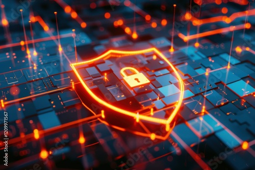glowing orange lock and shield over a blue circuit board