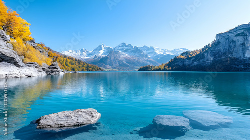  Oeschinen Lake in Switzerland , surrounded by the Bernese Oberland mountains photo