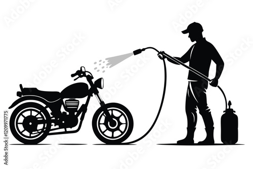 Silhouette of Man washing a motorcycle with high pressure washer. Spraying water from the hose. Vector black and white illustration of motorcycle wash