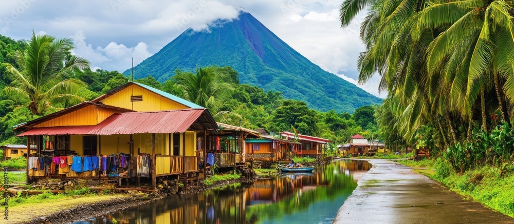 Naklejka premium Tropical village canal, volcano backdrop, clothing drying