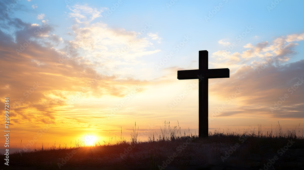 Silhouette of Christian Cross on Hilltop with Golden Sunrise in Background : Generative AI Silhouette of Christian Cross on Hilltop with Golden Sunrise in Background : Generative AI