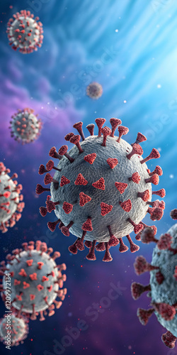 Close-up of coronavirus particles floating in a blue space
