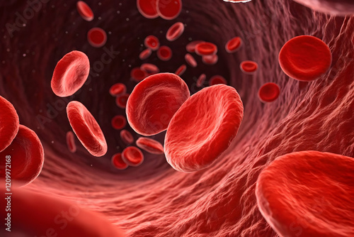Red blood cells flowing inside a human blood vessel in 3D rendering