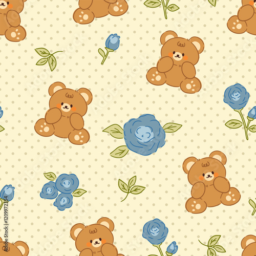 Cute teddy bear with hand drawn blue roses on a beige neutral background with polka dot texture, seamless pattern.