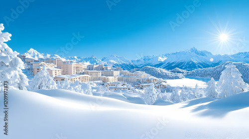 Overview of snowy St. Moritz, beautifully nestled in the Engadin valley