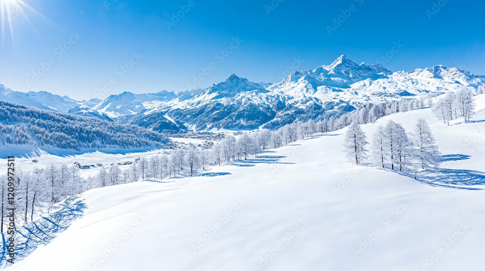 Overview of snowy St. Moritz, beautifully nestled in the Engadin valley Overview of snowy St. Moritz, beautifully nestled in the Engadin valley