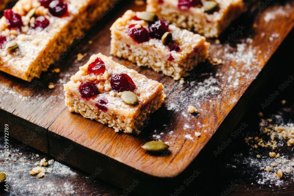 Rustic bulgur bars with dried cranberries and pumpkin seeds on wooden board Rustic bulgur bars with dried cranberries and pumpkin seeds on wooden board