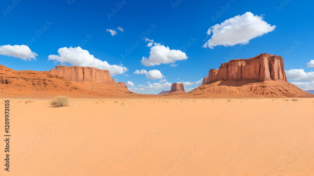 panorama of mesas and hoodoos at Monument Valley in summer with blue sky, desert, landscape, monument valley, sandstone, stone, red, rocks, scenic, arizona panorama of mesas and hoodoos at Monument Valley in summer with blue sky, desert, landscape, monument valley, sandstone, stone, red, rocks, scenic, arizona