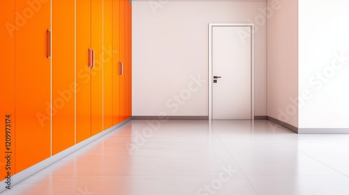 Fire hose building industrial. A bright interior space featuring orange cabinets, a white wall, and a closed door, creating a modern and minimalist atmosphere.