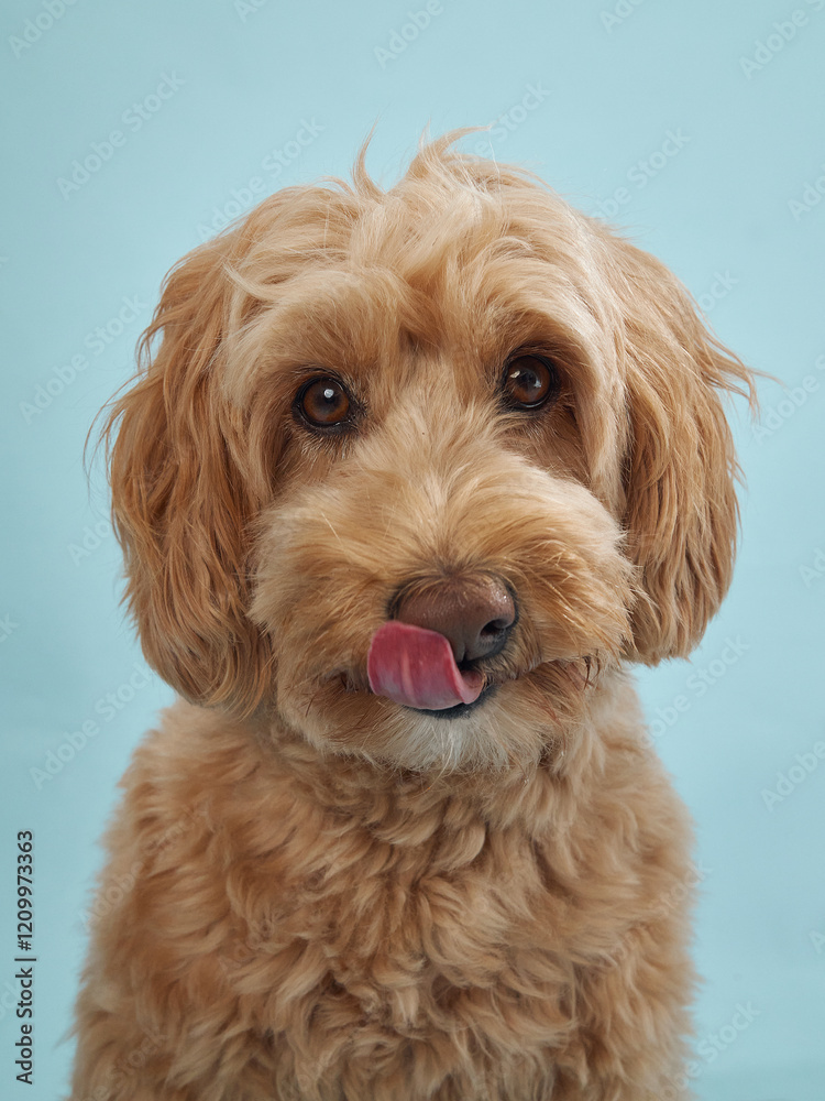 A Labradoodle licks its nose while looking towards the camera, with a light blue background behind it. A Labradoodle licks its nose while looking towards the camera, with a light blue background behind it.