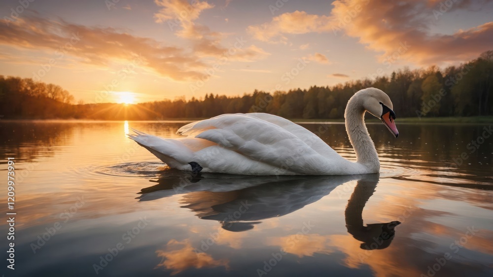 Fototapeta premium A serene swan glides across a reflective lake at sunset, showcasing nature's beauty.