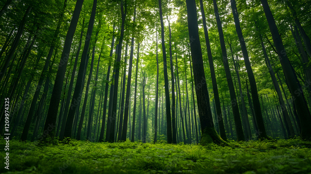 Dense Green Forest with Tall Trees and Lush Vegetation in Sunlight : Generative AI Dense Green Forest with Tall Trees and Lush Vegetation in Sunlight : Generative AI