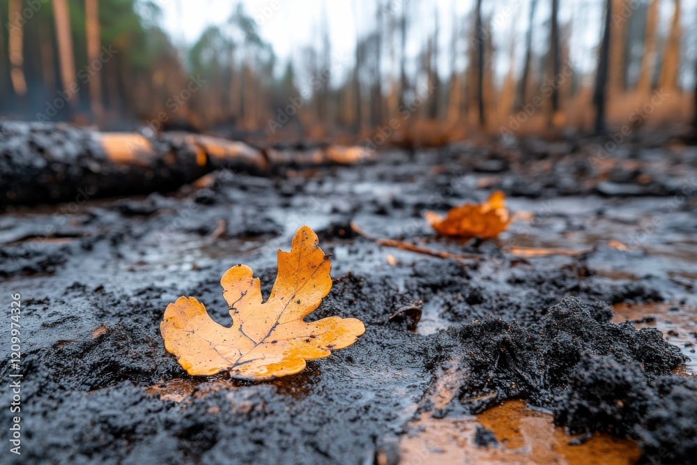 An intimate view of vibrant fallen leaves on a damp ground in a burned forest, capturing the somber yet beautiful aftermath of a wildfire. An intimate view of vibrant fallen leaves on a damp ground in a burned forest, capturing the somber yet beautiful aftermath of a wildfire.