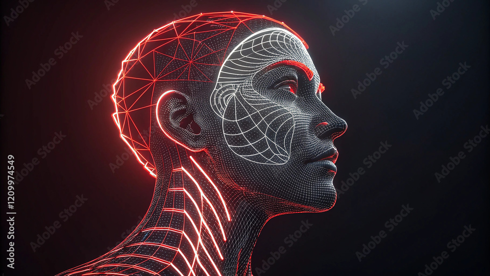 Obraz premium On a deep blue background, a 3D-rendered digital human head is highlighted with neon contour lines that mimic the distinctive swirls of a fingerprint. idea of digital security and identification that 