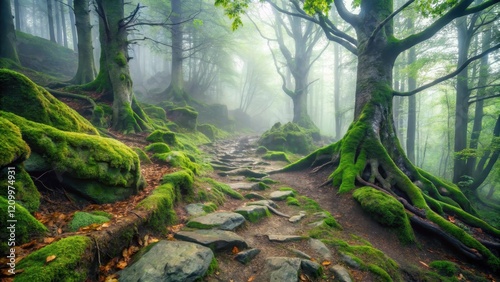 Misty forest trail with old tree roots and moss covered stones