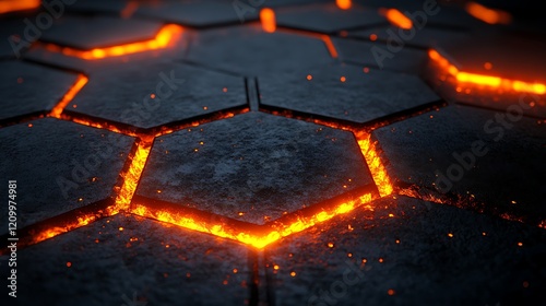 Glowing Hexagon Pattern:  An abstract pattern of dark metallic hexagons with glowing orange lines creating a futuristic, almost otherworldly effect.   photo