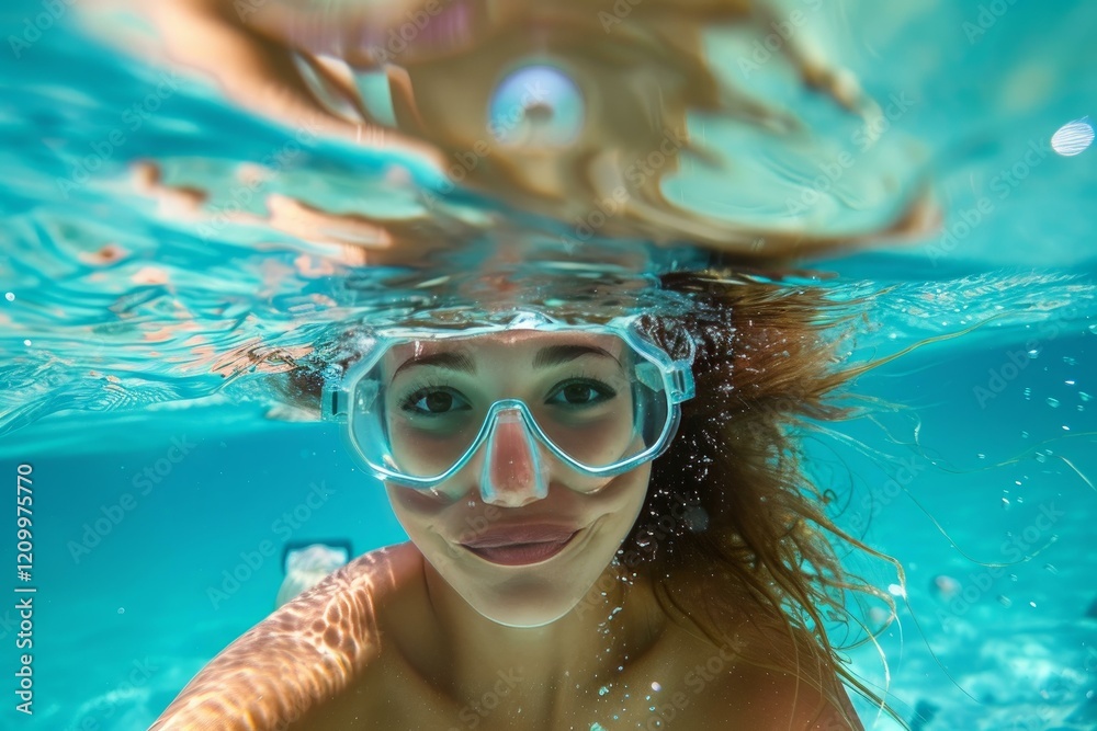 Naklejka premium Woman enjoying snorkeling in clear blue water, wearing diving mask and looking at camera