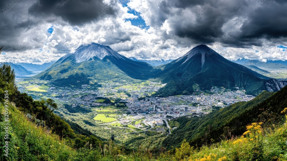 Panoramic view Volcanic landscape, city valley, dramatic clouds, travel poster Panoramic view Volcanic landscape, city valley, dramatic clouds, travel poster