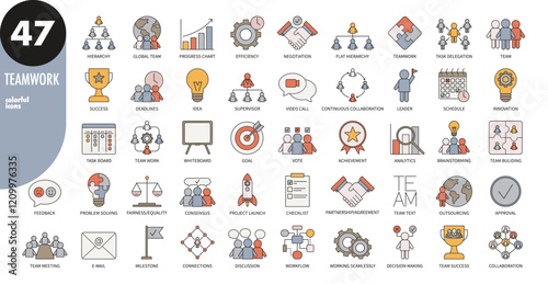 Teamwork, business, company, startup colorful thin line icons. Team building, human resources, cooperation, team work, task delegation, workflow, target, success, innovation. Vector illustration