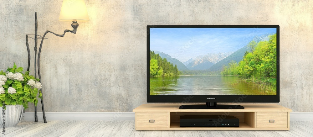 Fototapeta premium Flat-screen TV shows scenic lake view in modern living room with floor lamp