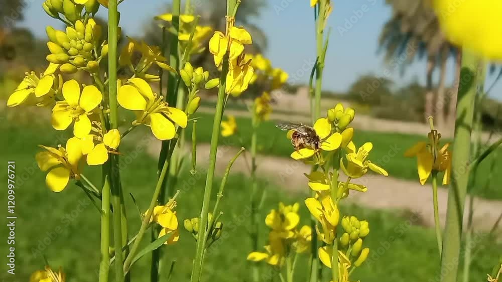 Honey Bee collect nectar or pollen from the flower of brassica campestris or field mustard Honey Bee collect nectar or pollen from the flower of brassica campestris or field mustard