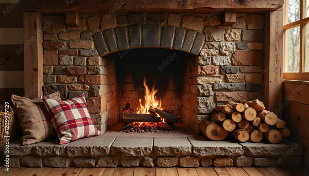 Rustic fireplace with plaid pillow and stacked firewood decor Rustic fireplace with plaid pillow and stacked firewood decor
