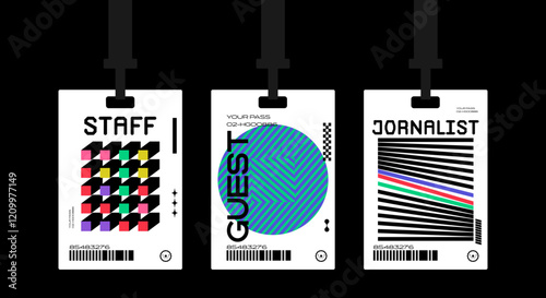 Plastic badges id card badges in a bauhaus style. Journalist, guest, staff. Identification cards on a string, entrance ticket, pass.	
