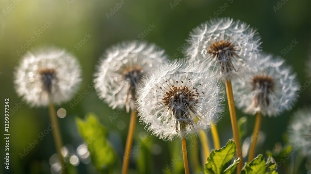 Dandelions in full bloom swaying gently in the sunlight on a warm spring day Dandelions in full bloom swaying gently in the sunlight on a warm spring day