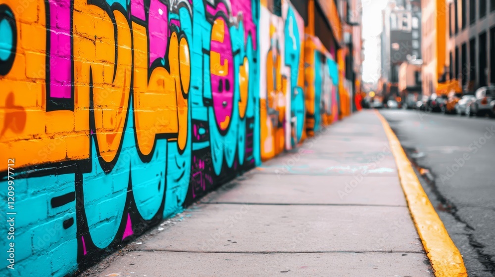Fototapeta premium Vibrant graffiti adorns a city brick wall, showcasing a lively urban street scene and colorful designs.