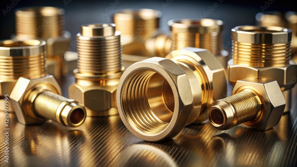 Close-up of Shiny Brass Fittings and Connectors for Industrial Applications Close-up of Shiny Brass Fittings and Connectors for Industrial Applications