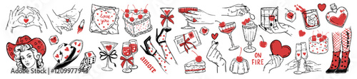 Valentine day doodle vector set, hand drawn romantic line illustration, cowgirl face, female legs. Woman holding wine glass, love arm gesture, date cherry cake dessert, heart shape. Valentine doodle