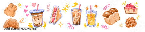 Morning breakfast snack set, vector hand drawn colorful pencil food illustration, wax crayon texture. Cartoon cute lunch bakery, bubble tea to go cup, biscuit, sandwich cheat meal. Snack pencil doodle