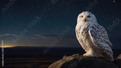 A majestic snowy owl perched on a rock under a starry night sky. photo